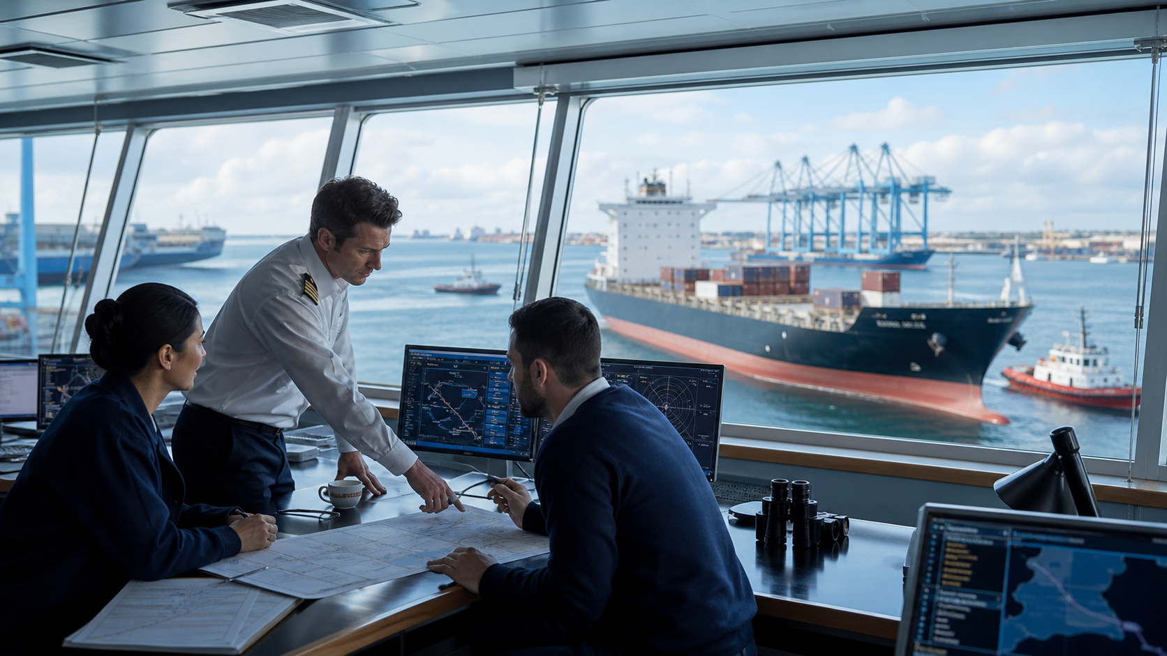 Ship management team coordinating vessel operations from a maritime control room