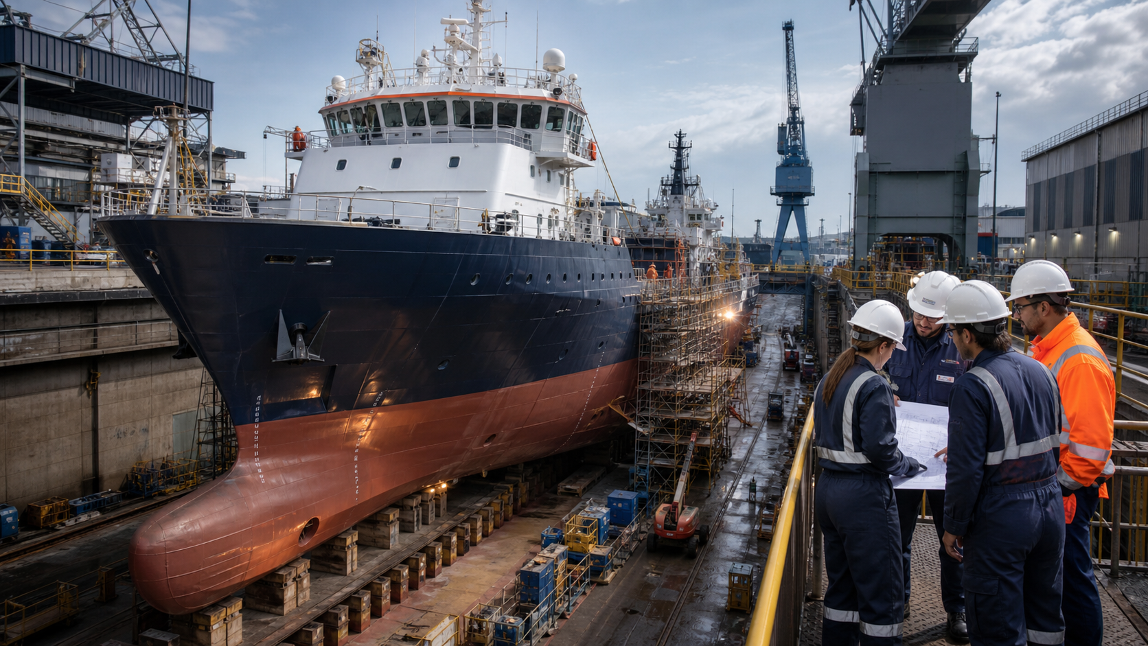 Vessel undergoing shipyard and dry dock work