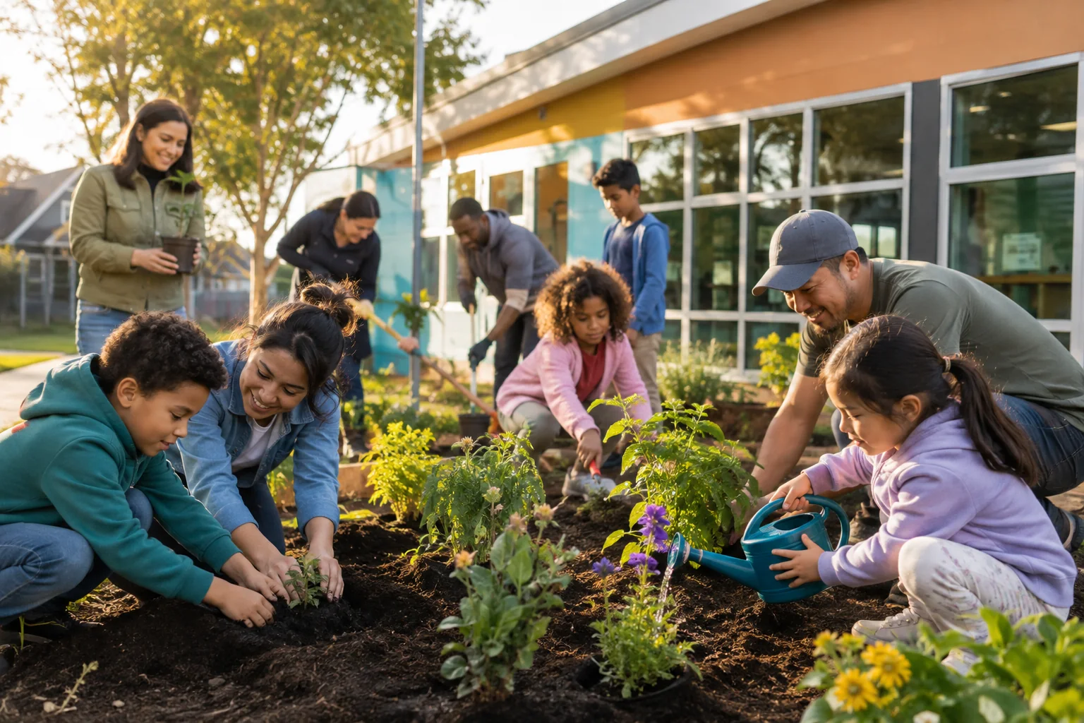 Children, parents and volunteers tending a community garden