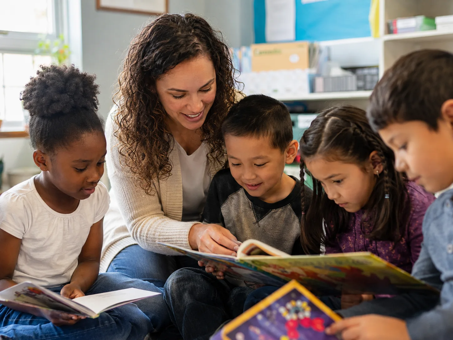 Teacher reading with children in a community classroom