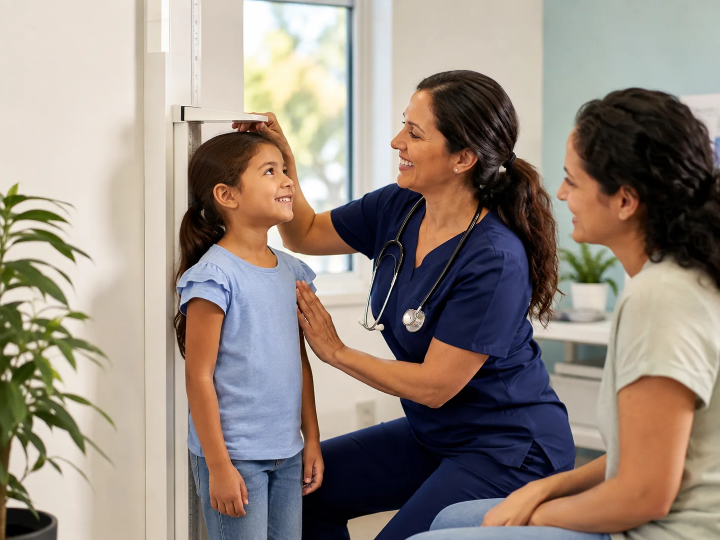 Community nurse checking a child's growth with a parent nearby