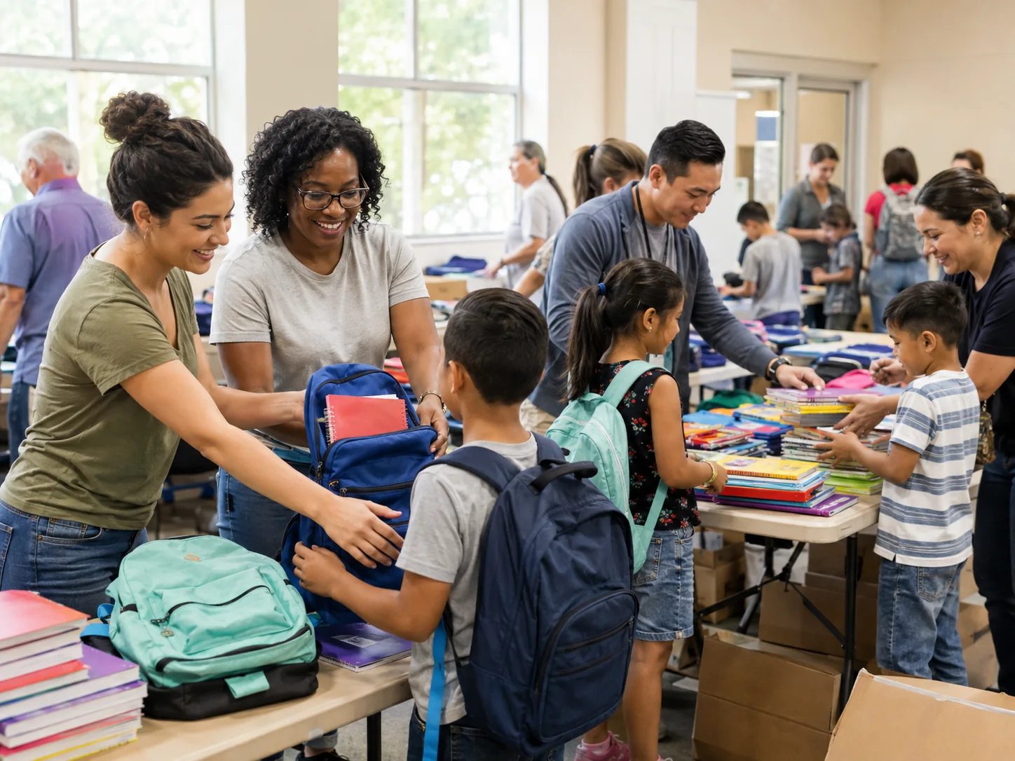 Volunteers and families preparing school supply kits