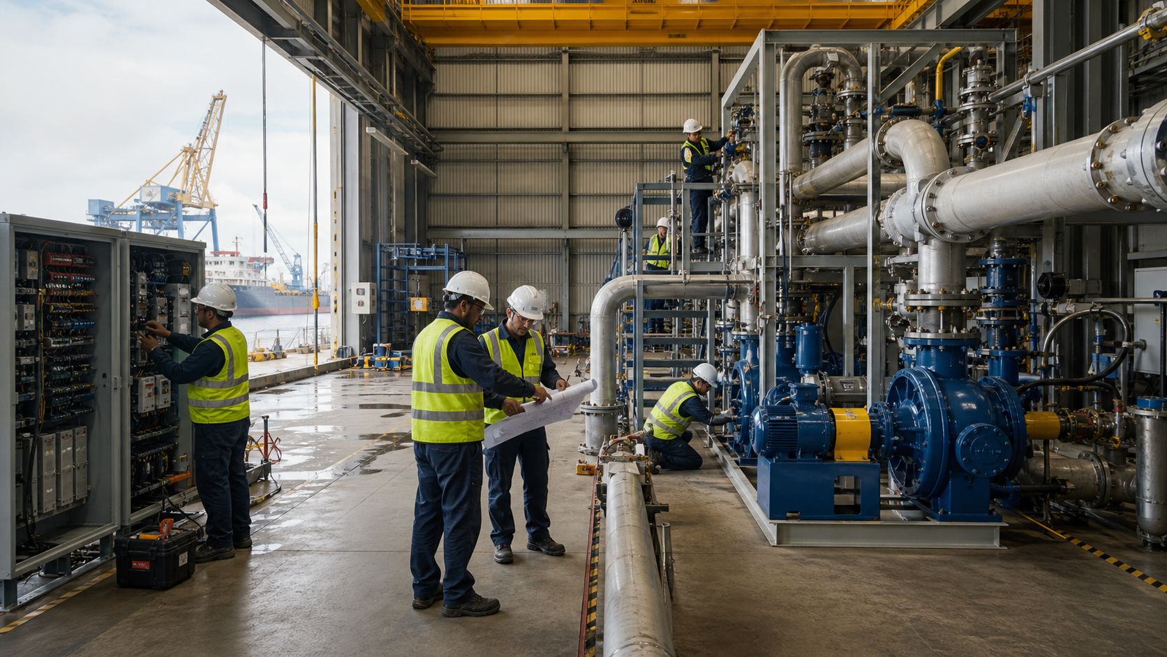 Engineers commissioning pumps and piping in a port-side industrial facility