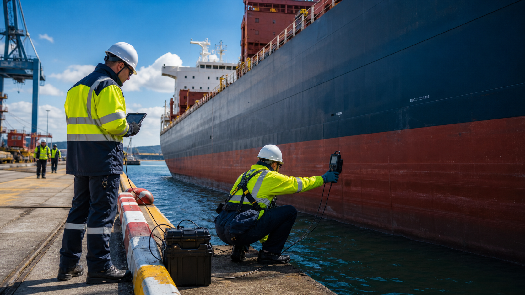 Marine surveyors inspecting the hull of a commercial vessel